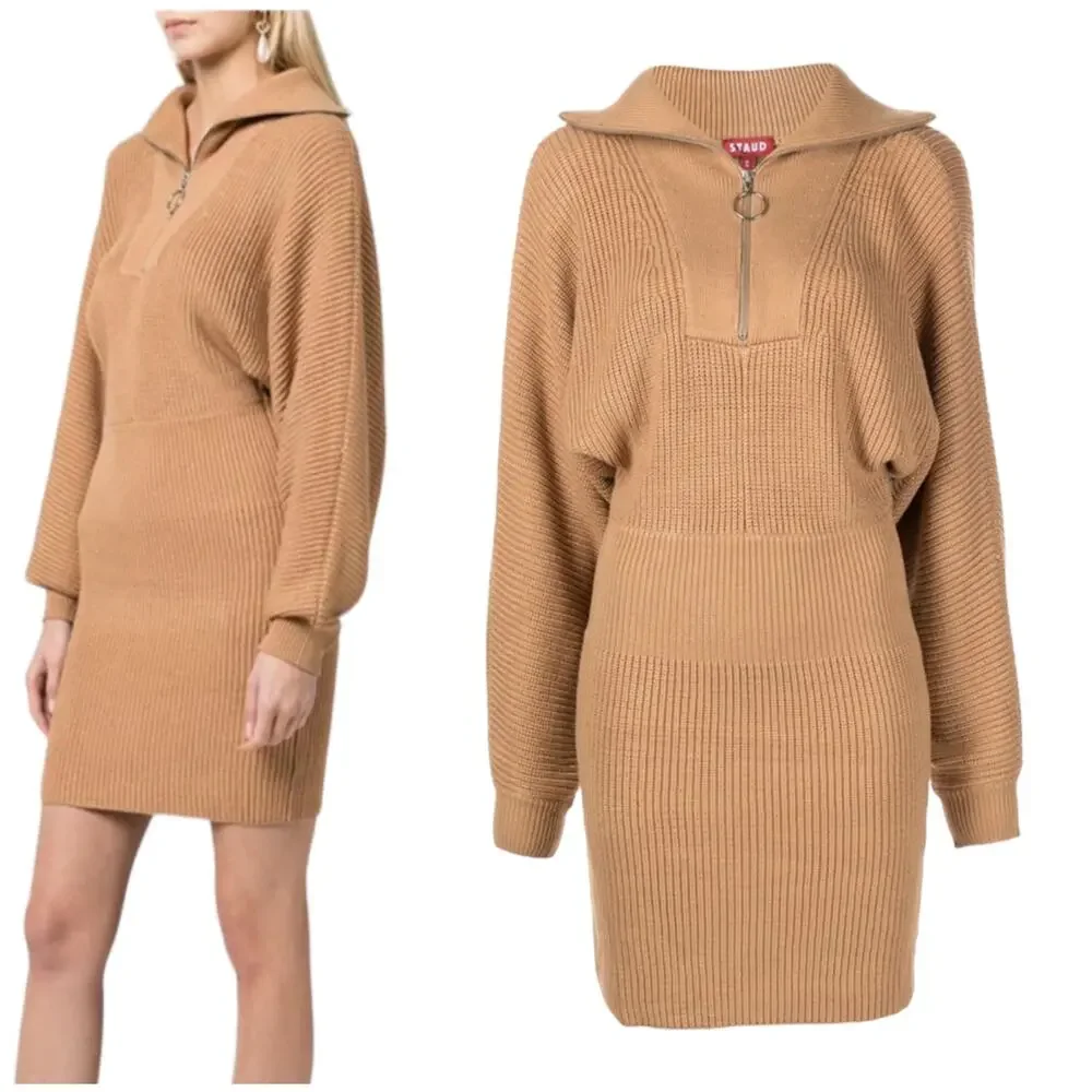 Staud Kirby Ribbed Knit Fitted Sweater Dress Size S Camel Brown Long Sleeve - Picture 2 of 13